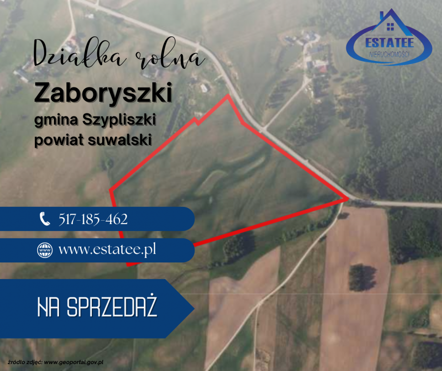 Działka rolna 7,8847 ha Zaboryszki, gmina Szypliszki
