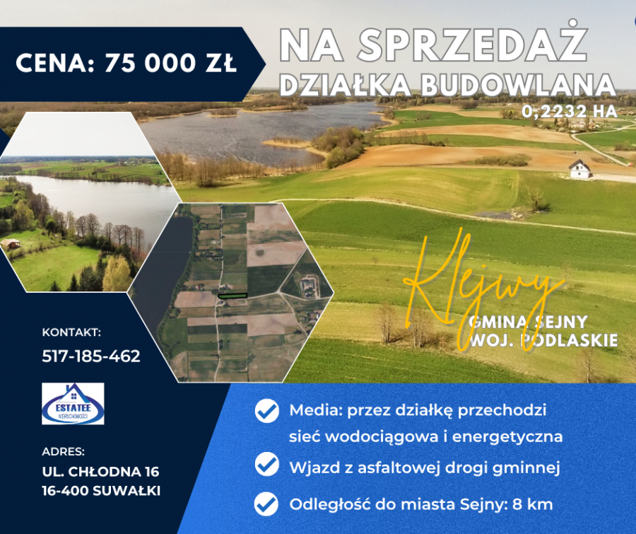 Działka budowlana 0,2232 ha – Klejwy, gmina Sejny, woj. podlaskie