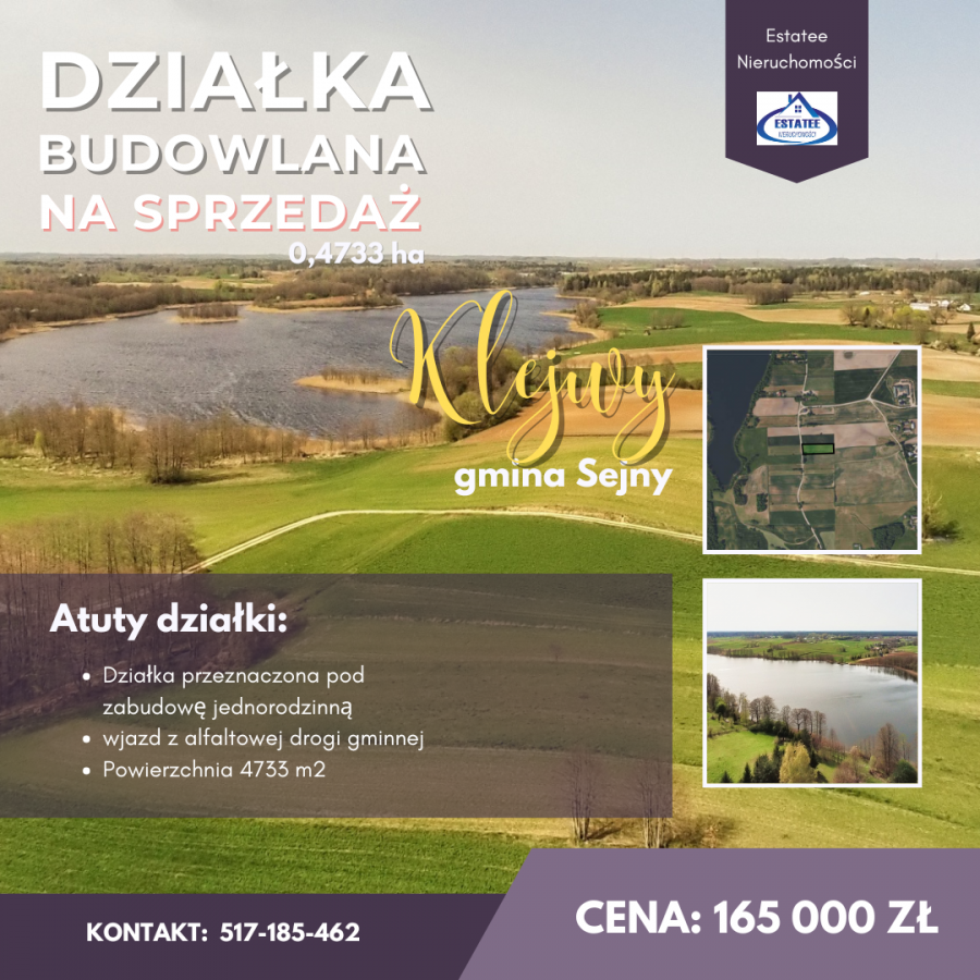 Działka budowlana 0,4733 ha Klejwy, gmina Sejny, woj. podlaskie