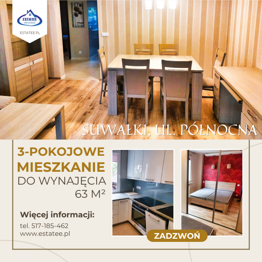 Do wynajęcia 3-pokojowe mieszkanie ul. Północna w Suwałkach