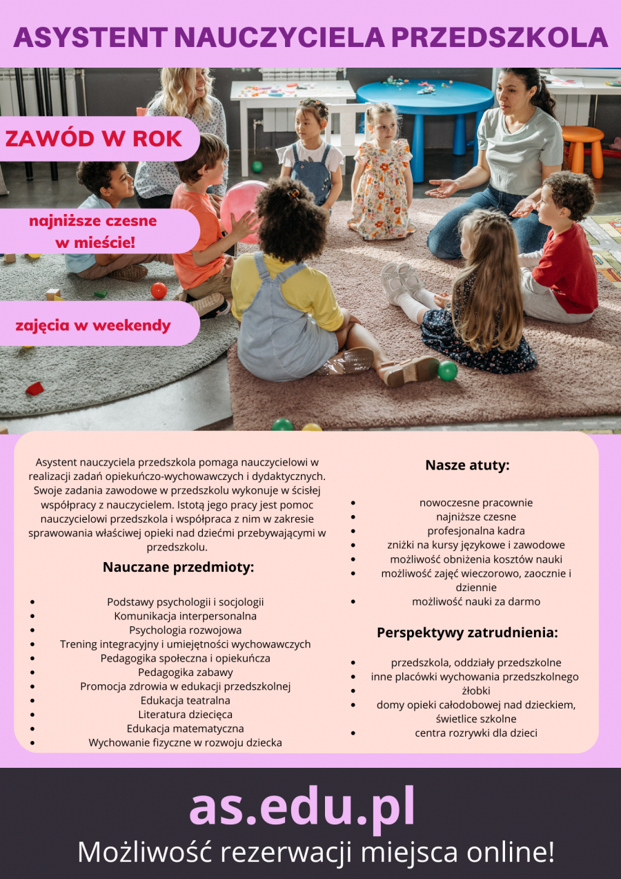 Kurs roczny Asystent Nauczyciela Przedszkola - zapisy na luty