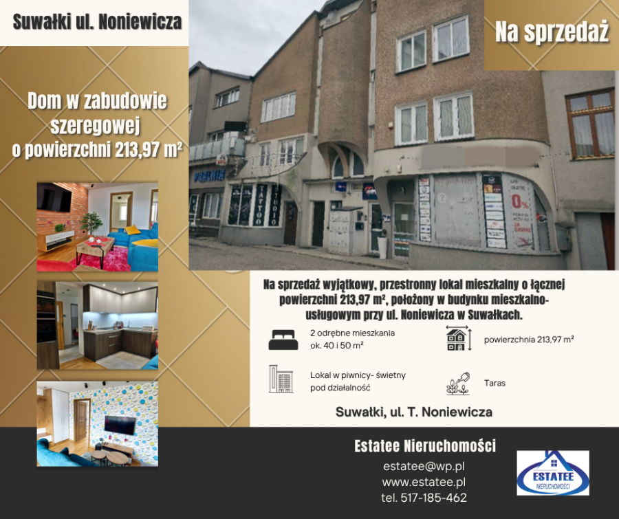 Szeregówka w centrum Suwałk – 214 m² | 2 mieszkania + lokal usługowy | taras