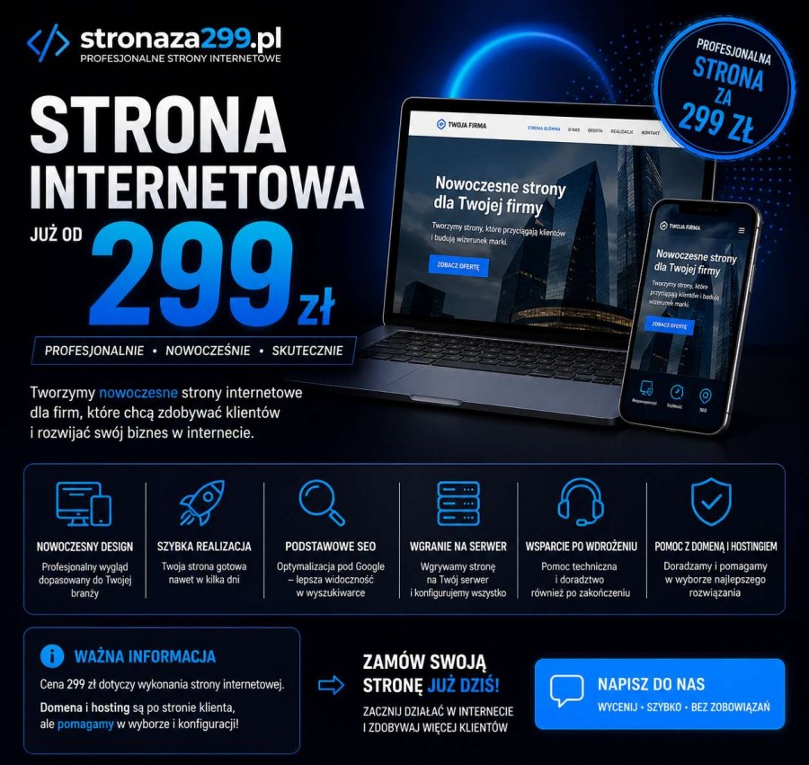 Strona internetowa za 299 zł - szybka realizacja | Faktura