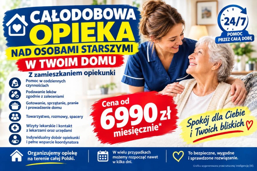 Opieka domowa seniora - opiekunka mieszka w domu - od 6990 zł miesięcznie