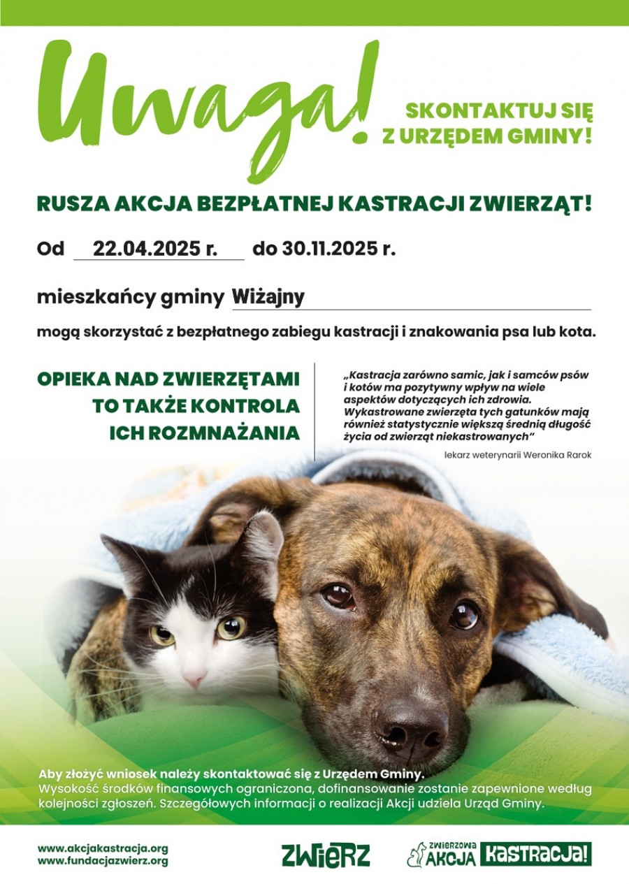 Bezpłatna kastracja oraz znakowanie psów i kotów w gminie Wiżajny