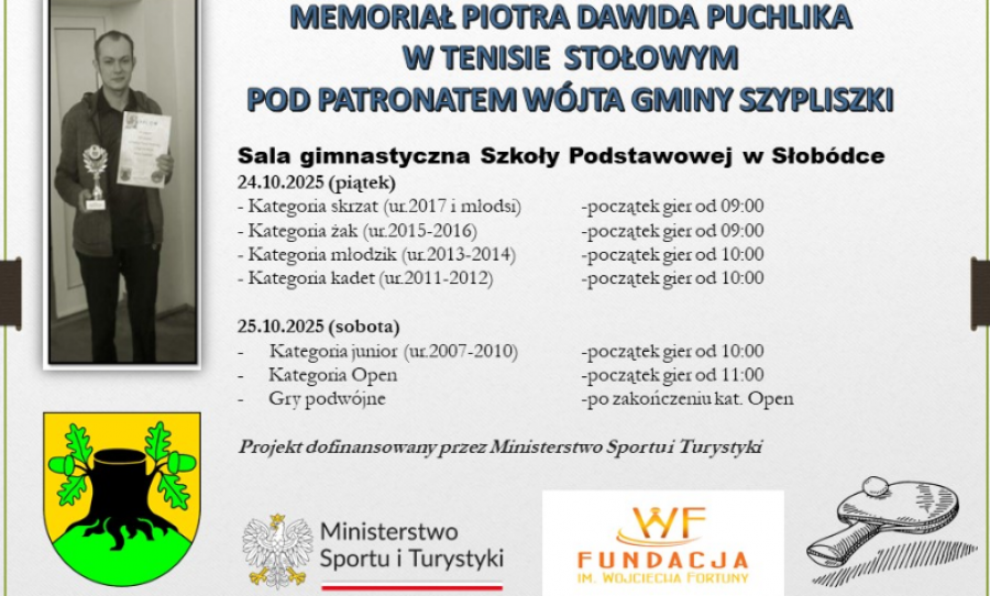 W ten piątek i sobotę w Słobódce królować będzie tenis stołowy. Memoriał Piotra Dawida Puchlika