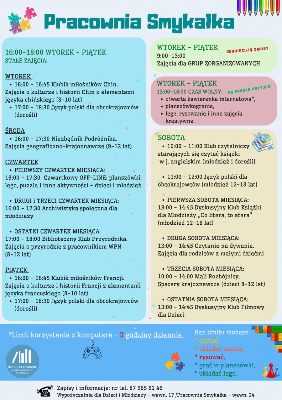 Biblioteka Publiczna im. Marii Konopnickiej zaprasza na zajęcia