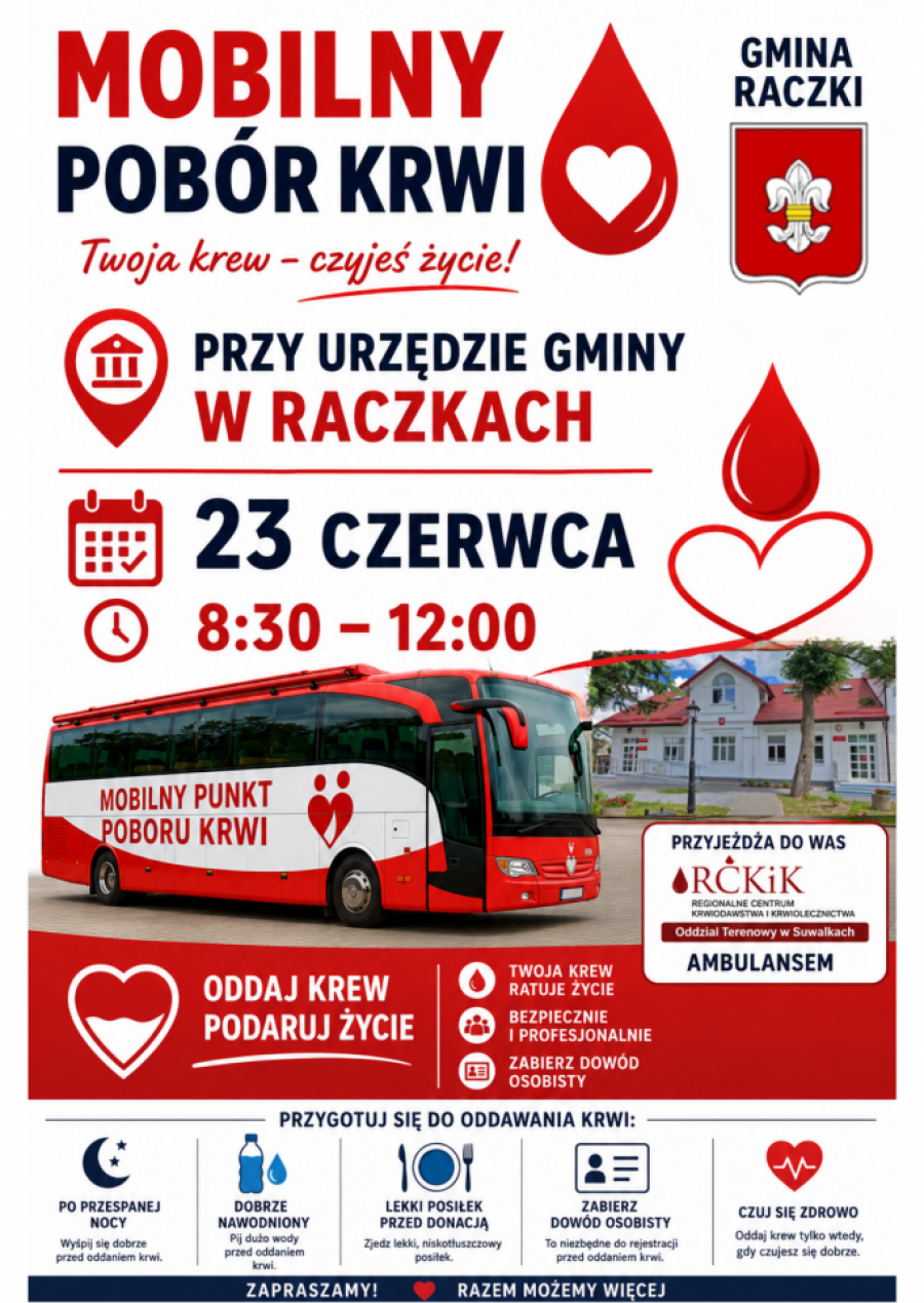 Do Raczek przyjedzie krwiobus