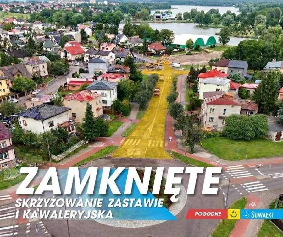 Suwałki. Zamknięte skrzyżowanie ulic Zastawie i Kawaleryjskiej 